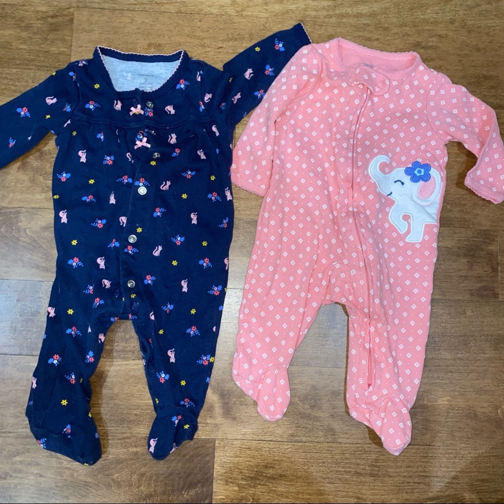 Set of 2 long sleeve footie onesie full zip pink elephant and cats flowers